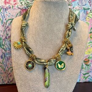 Bohemian Green Silk Scarf Charm Necklace with Gold Accents